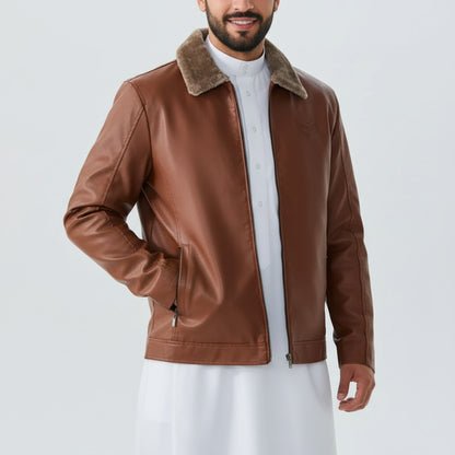 جاكيت أركان بجلد فاخر وياقة فرو