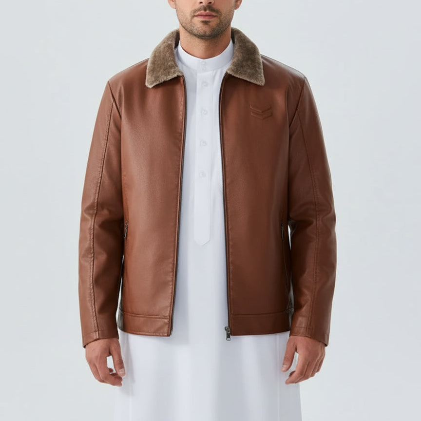 جاكيت أركان بجلد فاخر وياقة فرو