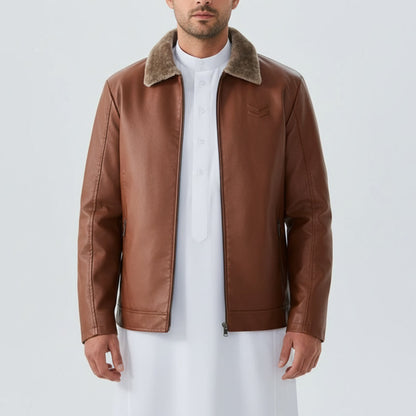 جاكيت أركان بجلد فاخر وياقة فرو