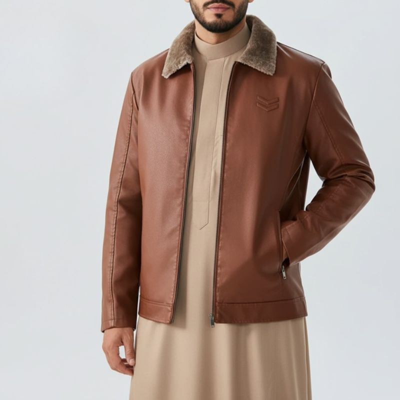 جاكيت أركان بجلد فاخر وياقة فرو