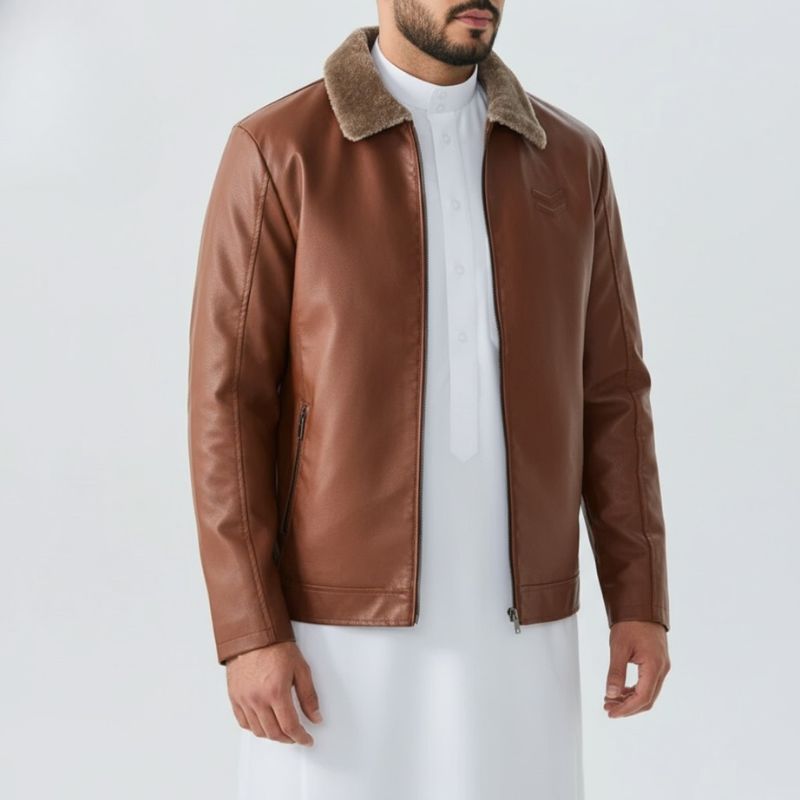 جاكيت أركان بجلد فاخر وياقة فرو