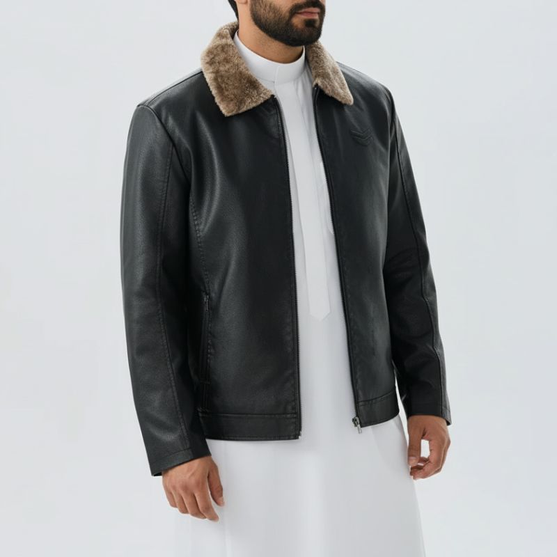 جاكيت أركان بجلد فاخر وياقة فرو