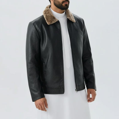 جاكيت أركان بجلد فاخر وياقة فرو